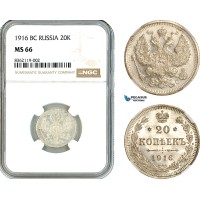 AK858, Russia, Nicholas II, 20 Kopeks 1916 BC, St. Petersburg Mint, Silver, NGC MS66