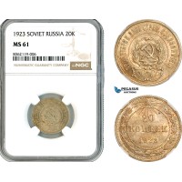 AK860, Russia, Soviet, 20 Kopeks 1923, Leningrad Mint, Silver, NGC MS61