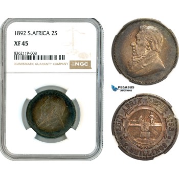 AK862, South Africa (ZAR) 2 Shillings 1892, Berlin Mint, Silver, NGC XF45