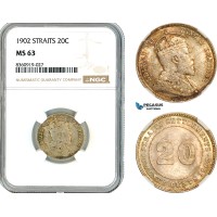 AK863, Straits Settlements, Edward VII, 20 Cents 1902, London Mint, Silver, NGC MS63