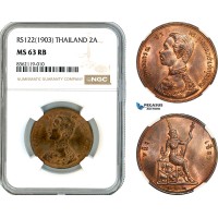 AK865, Thailand, Rama V, 2 Att RS122 (1903) Birmingham Mint, NGC MS63RB