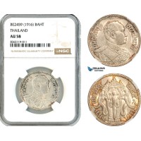 AK866, Thailand, Rama VI, 1 Baht BE2459 (1916) Silver, NGC AU58