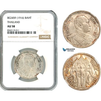 AK866, Thailand, Rama VI, 1 Baht BE2459 (1916) Silver, NGC AU58