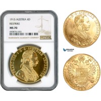 AK871, Austria, Franz Joseph, Restrike 4 Ducats 1915, Vienna Mint, Gold, NGC MS70, Top Pop!