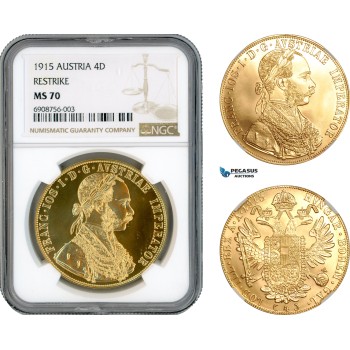 AK871, Austria, Franz Joseph, Restrike 4 Ducats 1915, Vienna Mint, Gold, NGC MS70, Top Pop!