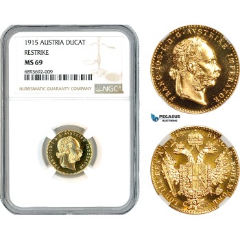 AK877, Austria, Franz Joseph, Restrike 1 Ducat 1915, Vienna Mint, Gold, NGC MS69