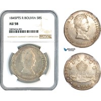 AK879, Bolivia, 8 Soles 1845 PTS R, Potosi Mint, Silver, NGC AU58 (Looks like a small MS in hand)