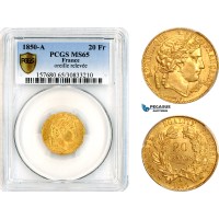AK882, France, Second Republic, 20 Francs 1850 A, Paris Mint, Gold (Raised ear) PCGS MS65, Top Pop!