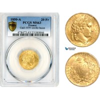 AK883, France, Second Republic, 20 Francs 1850 A, Paris Mint, Gold, Gad-1059 (Low ear) PCGS MS63, Rare!