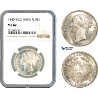 AK885, India (British) Victoria, 1 Rupee 1840 B&C, Silver, NGC MS62