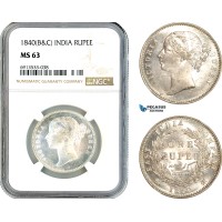 AK886, India (British) Victoria, 1 Rupee 1840 B&C, Silver, NGC MS63