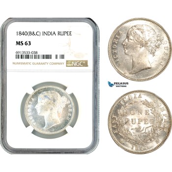 AK886, India (British) Victoria, 1 Rupee 1840 B&C, Silver, NGC MS63