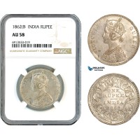 AK887, India (British) Victoria, 1 Rupee 1862 B, Bombay Mint, Silver, NGC AU58