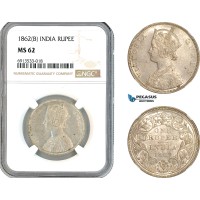 AK888, India (British) Victoria, 1 Rupee 1862 B, Bombay Mint, Silver, NGC MS62