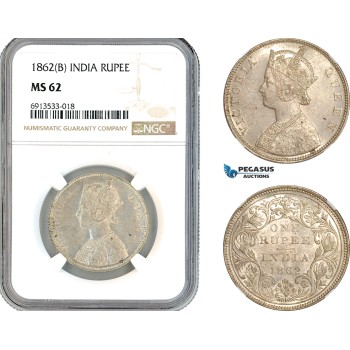 AK888, India (British) Victoria, 1 Rupee 1862 B, Bombay Mint, Silver, NGC MS62