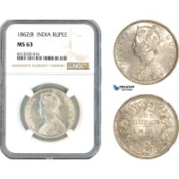 AK889, India (British) Victoria, 1 Rupee 1862 B, Bombay Mint, Silver, NGC MS63
