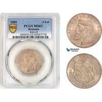 AK890, Romania, Carol I, 2 Lei 1901, Hamburg Mint, Silver, PCGS MS63, Top Pop & Single finest graded! Extremely Rare!