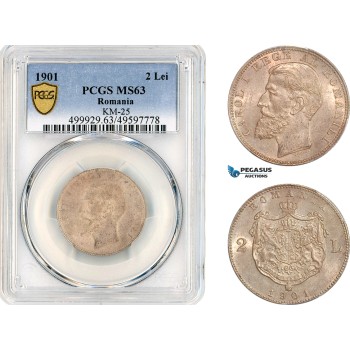 AK890, Romania, Carol I, 2 Lei 1901, Hamburg Mint, Silver, PCGS MS63, Top Pop & Single finest graded! Extremely Rare!