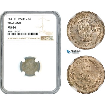 AK891, Thailand, Rama V, 2 1/2 Satang RS116 (1897) H, Heaton Mint, NGC MS64