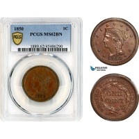 AK892, United States, Liberty Head Cent 1850, Philadelphia Mint, PCGS MS62BN