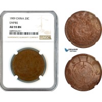 AK907, China, Empire, 20 Cash 1909, NGC AU55BN
