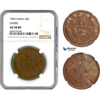AK908, China, Empire, 20 Cash 1909, NGC AU58BN