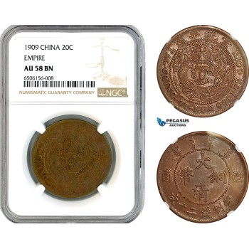 AK908, China, Empire, 20 Cash 1909, NGC AU58BN
