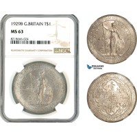 AK911, Great Britain, Trade Dollar 1929 B, Bombay Mint, Silver, NGC MS63
