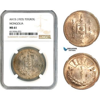 AK915, Mongolia, 1 Togrog (Tugrik) AH15 (1925) Leningrad Mint, Silver, NGC MS61