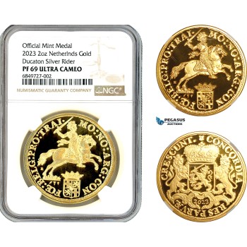 AK917, Netherlands, "Ducaton Restrike" Medal (2 oz) 2023 R, Houten Mint, Gold, KM# --, Mintage: 20 pcs, NGC PF69 Ultra Cameo
