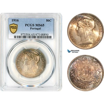 AK918, Portugal, 50 Centavos 1916, Lisbon Mint, Silver, PCGS MS65