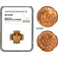 AK919, Romania, Carol I, 2 Bani 1867, Heaton Mint, NGC MS64RD