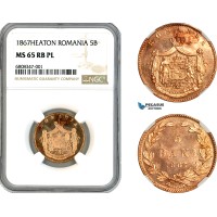 AK921, Romania, Carol I, 5 Bani 1867, Heaton Mint, NGC MS65RB PL