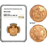 AK922, Romania, Carol I, 5 Bani 1867, Heaton Mint, NGC MS67RD, Top Pop!