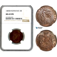 AK923, Romania, Carol I, 5 Bani 1885 B, Bucharest Mint, NGC MS65BN, Top Pop!