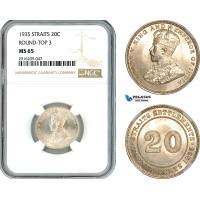 AK926, Straits Settlements, George V, 20 Cents 1935, Round-Top 3, Silver, NGC MS65