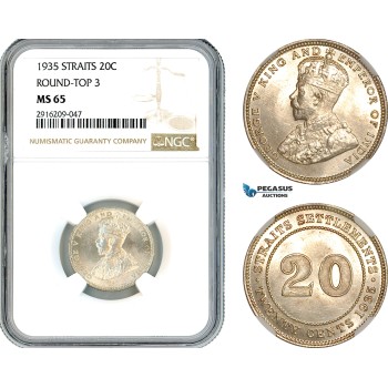 AK926, Straits Settlements, George V, 20 Cents 1935, Round-Top 3, Silver, NGC MS65