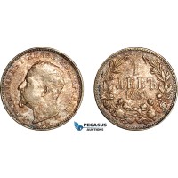 AK944, Bulgaria, Ferdiand I, 1 Lev 1891 KB, Kremnitz Mint, Silver, Light toning, XF