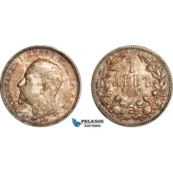 AK944, Bulgaria, Ferdiand I, 1 Lev 1891 KB, Kremnitz Mint, Silver, Light toning, XF