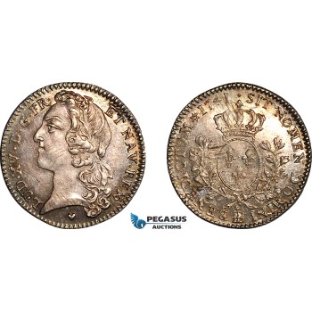 AK946, France, Louis XV, 1/5 Ecu 1741 BB, Strasbourg Mint, Silver, AU-UNC, Cleaned in past!