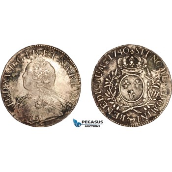 AK947, France, Louis XV, 1 Ecu 1740 (Cow), Pau Mint, Silver, Cleaned, VF-XF