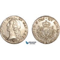 AK948, France, Louis XV, 1 Ecu 1765 L, Bayonne Mint, Silver, Cleaned VF-XF