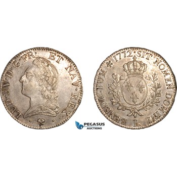 AK949, France, Louis XV, 1 Ecu 1772 L, Bayonne Mint, Silver, Light cleaning, XF-AU