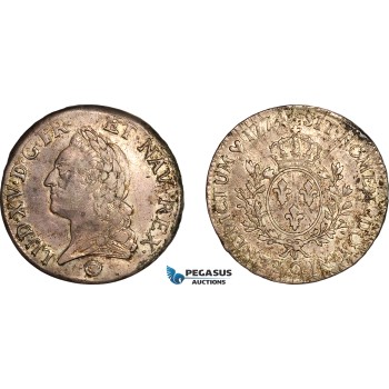 AK950, France, Louis XV, 1 Ecu 1774 Q, Perpignan Mint, Silver, Scratches, XF
