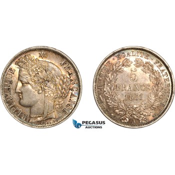 AK951, France, Second Republic, 5 Francs 1851 ­A, Paris Mint, Silver, Light cleaning, AU