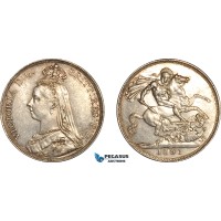 AK954, Great Britain, Victoria, Crown 1891 (Jubilee Head) London Mint, Silver, Cleaned, AU