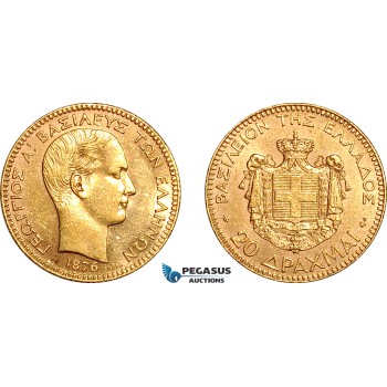 AK955, Greece, George I, 20 Drachmai 1876 A, Paris Mint, Gold, Cleaned, AU