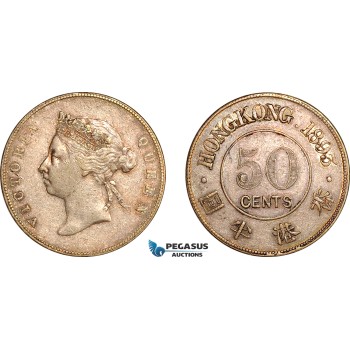 AK957, Hong Kong, Victoria, 50 cents 1893, London Mint, Silver, Light cleaning, XF