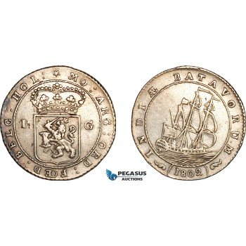 AK962, Netherlands East Indies, Batavian Republic 1 Gulden 1802, Silver, Light cleaning, XF-AU