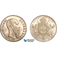 AK963, Mexico, Maximillian, 1 Peso 1866 Mo, Mexico City Mint, Silver, Light cleaning, AU-UNC